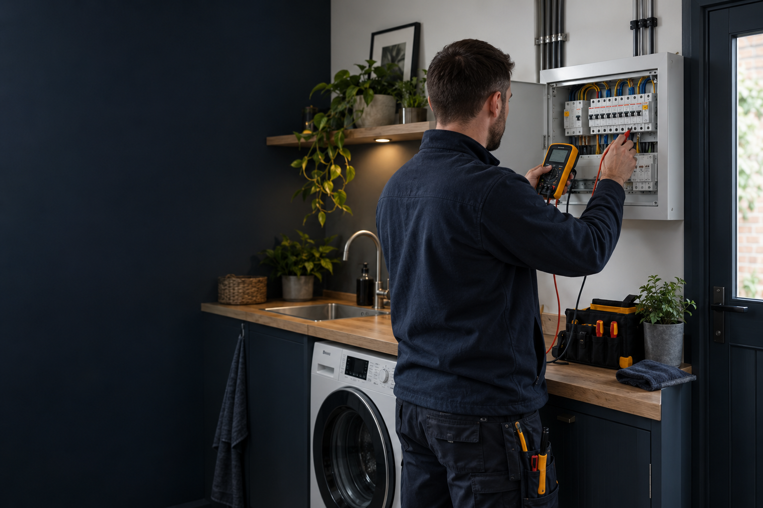 Electrician testing a modern consumer unit in a home
